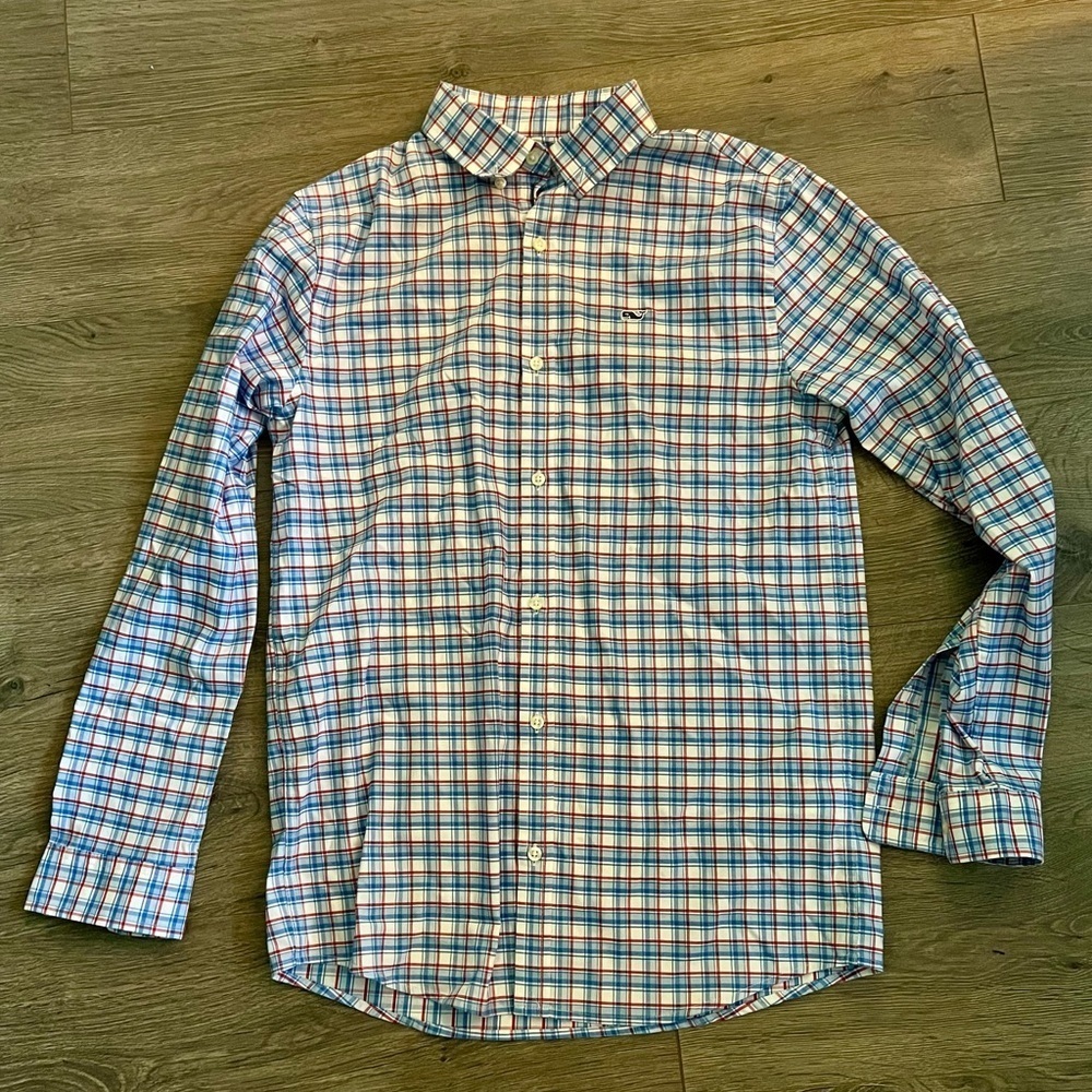 Vineyard Vines Whale Shirt Boys L 16-18 Button Down Checkered Red Blue White​​​